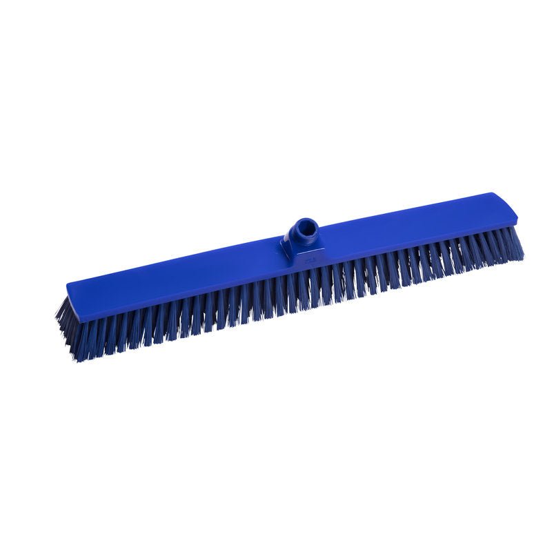 The Haug Bürsten KG LARGE AREA BROOM, PBT ø 0.50 mm medium (600x72x51 mm) is ideal for cleaning large areas with its stiff bristles and central socket, shown here against a white background.