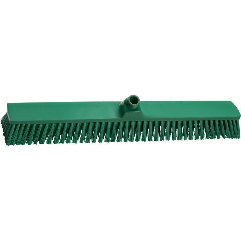 The Haug Bürsten KG LARGE AREA BROOM, PBT ø 0.50 MM MEDIUM broom head (600x72x51 mm) has stiff bristles and an angled handle socket. Pictured in green on a white background. Ideal for cleaning large areas.