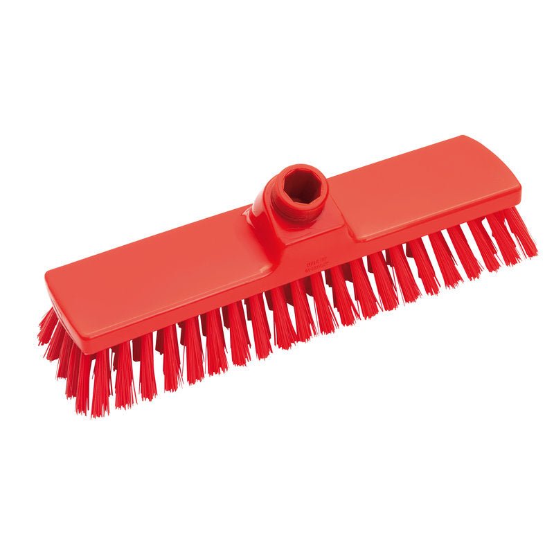 The BROOM, PBT, ø 0.50MM MEDIUM, 300X70X40MM from Haug Bürsten KG with firm PBT bristles and central handle holder is presented on a white background as a practical cleaning tool.