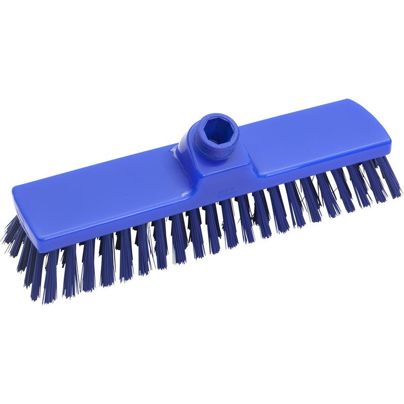 The Haug broom of Haug Bürsten KG is a blue plastic broom (300x70x40mm) with medium-sized, dark PBT bristles (ø 0.50mm) and a central opening for handle attachment, designed for heavy cleaning tasks.