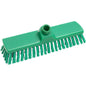 The BROOM, PBT, ø 0.50MM MEDIUM, 300X70X40MM from Haug Bürsten KG is a green plastic broom with stiff PBT bristles and a central socket, ideal for heavy scrubbing and cleaning tasks.