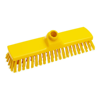 The BROOMS from Haug Bürsten KG feature stiff 0.50 mm PBT bristles, a yellow head measuring 300 x 70 x 40 mm, and an angled connector for handle attachment - ideal for heavy cleaning tasks.
