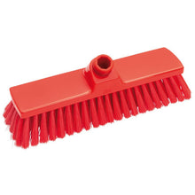 The BROOM, PBT SOFT 300X70X50MM, UNSLOTTED from Haug Bürsten KG has a red, rectangular head and soft PBT bristles in rows as well as a central socket for the handle.