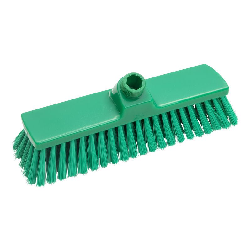 The Haug Bürsten KG BROOM, PBT SOFT 300X70X50MM, UNSLOTTED is a green broom head with soft PBT bristles for effective floor cleaning, which can be attached to a handle for sweeping.