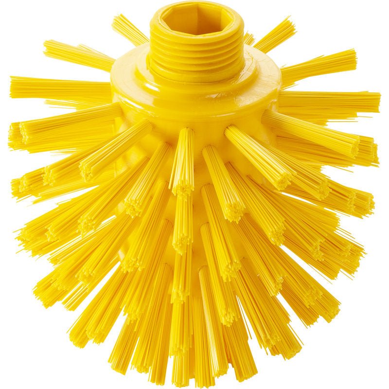 The WOLFBÜRSTE, ø 0.50 HARD (135 x ø 120 mm) from Haug Bürsten KG is a round, yellow industrial brush head with stiff, outward-facing bristles and a top thread opening for handle attachment.