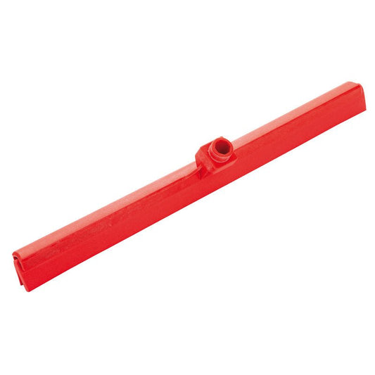 The WASSERSCHIEBER, 2-LIPPED, 620 MM from Haug Bürsten KG is a red plastic squeegee head with double lips and a central handle holder, ideal for effective floor cleaning; shown isolated on a white background.