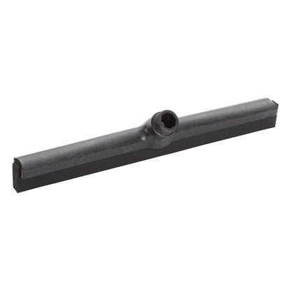 The Haug Bürsten KG WATER SQUEEGEE, 1-LIP 420MM, FOOD GRADE RUBBER is a black squeegee blade with a central attachment point for handles, depicted on a white background.