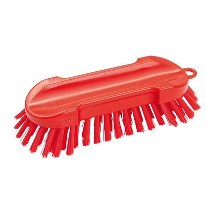 The ROUND SCRUB BRUSH, PBT HARD 205x65x30mm from Haug Bürsten KG has hard red bristles and a durable red plastic handle with a small hanging loop - ideal for cleaning surfaces.