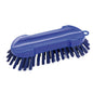The Haug Bürsten KG ROUND SCRUB BRUSH, PBT HARD 205x65x30mm is a blue plastic round brush with stiff PBT bristles, an integrated handle, and an angled design with a small hanging loop for easy storage.