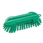 The ROUND SCRUB BRUSH from Haug Bürsten KG has hard bristles made of PBT hard, a curved green plastic handle and measures 205x65x30mm, depicted on a white background.