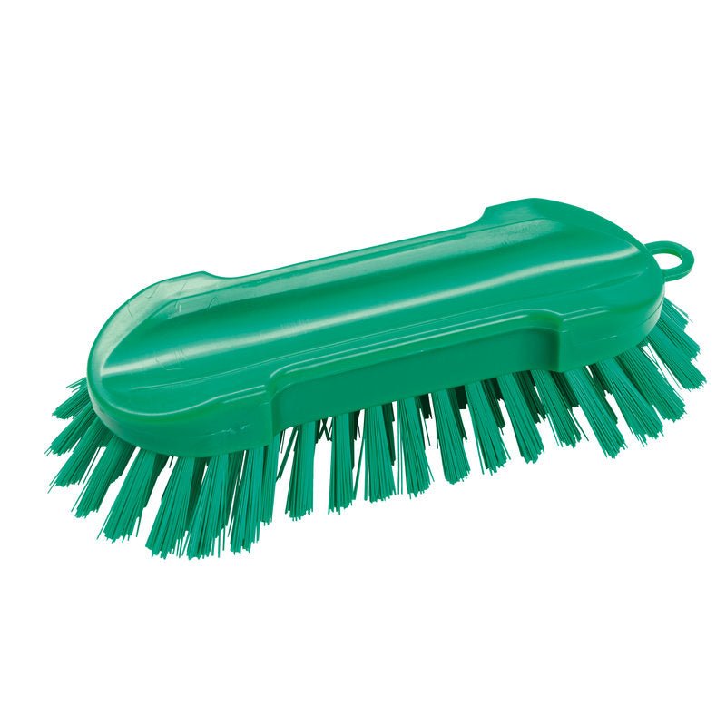 The ROUND, HARD 205X65X30MM WASH BRUSH from Haug Bürsten KG is a green hand brush with hard bristles, an ergonomic plastic handle, and a hanging loop - perfect for cleaning tasks.