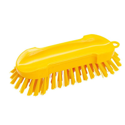 The Haug Bürsten KG ROUND, HARD 205X65X30MM WASH BRUSH is a yellow plastic scrubber with hard bristles on the bottom and sides, ideal for cleaning various surfaces.