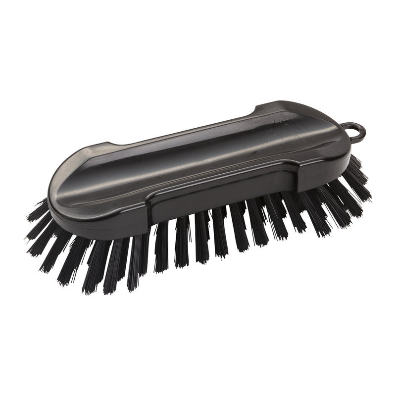 The ROUND, HARD 205x65x30mm WASH BRUSH from Haug Bürsten KG has a sturdy black plastic handle with hard bristles for effective cleaning. The angled bristles effortlessly remove dirt, and the handle has a loop for hanging. Depicted on a white background.
