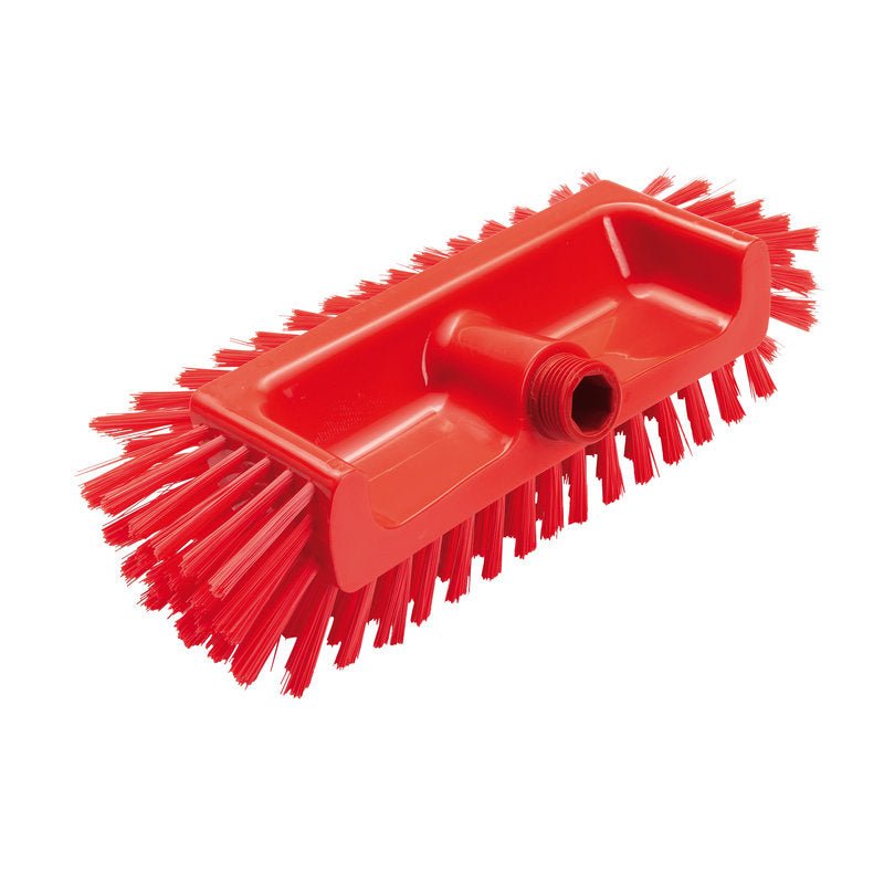 The CORNER SCRUBBER Ø0.50MM MEDIUM (320x125x40-50mm) from Haug Bürsten KG is a red cleaning tool with firm, outwardly angled bristles and a threaded hole - ideal for hard-to-reach corners.