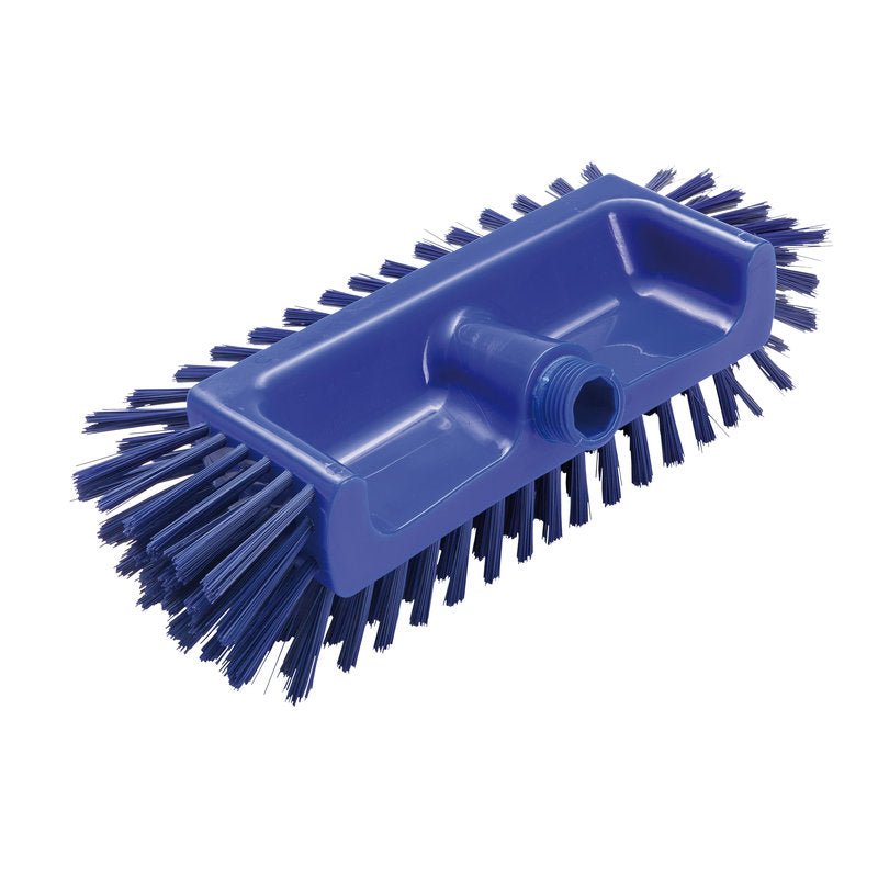 The CORNER SCRUBBER Ø0.50MM MEDIUM from Haug Bürsten KG (320x125x40-50mm) made of blue plastic with firm bristles on the sides and bottom cleans hard-to-reach corners and has a threaded hole for a handle.