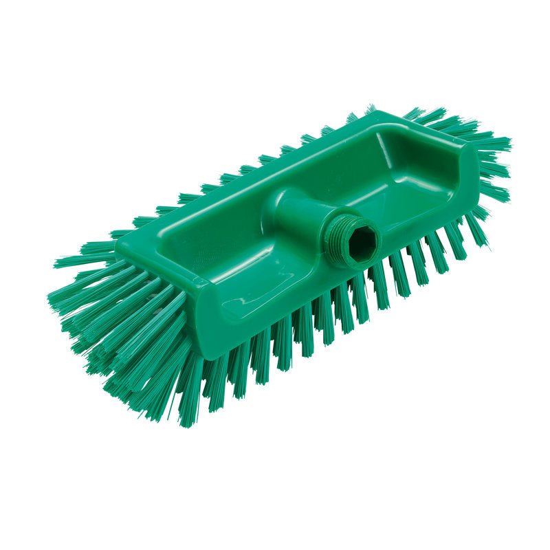 The CORNER SCRUBBER Ø0.50MM MEDIUM (320x125x40-50mm) from Haug Bürsten KG is a green, rectangular brush head with stiff side and bottom bristles, ideal for cleaning hard-to-reach corners and features a central threaded hole for handle attachment.