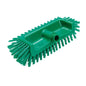 The CORNER SCRUBBER Ø0.50MM MEDIUM (320x125x40-50mm) from Haug Bürsten KG is a green, rectangular brush head with stiff side and bottom bristles, ideal for cleaning hard-to-reach corners and features a central threaded hole for handle attachment.