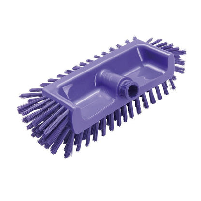 The CORNER SCRUBBER Ø0.50MM MEDIUM from Haug Bürsten KG (320x125x40-50mm) is a purple angular scrubber with firm edge bristles and a central threaded hole - ideal for cleaning hard-to-reach corners. Photo against a white background.
