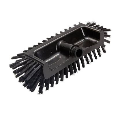A close-up of the Haug Bürsten KG CORNER SCRUBBER, Ø0.50mm medium, 320x125x40-50mm, black rectangular head with stiff bristles and a central threaded hole - ideal as a cleaning tool for hard-to-reach corners.