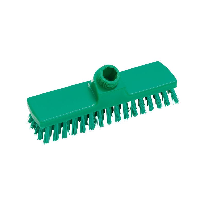 The Haug Bürsten KG SCRUBBER, ø 0.50MM HARD 225x60x26MM features a green, rectangular head with hard bristles and a central threaded hole for attaching the handle, ideal for intensive cleaning and heavy scrubbing tasks.