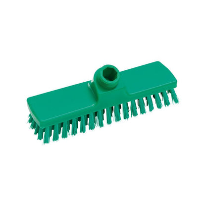 The Haug Bürsten KG SCRUBBER, ø 0.50MM HARD 225x60x26MM features a green, rectangular head with hard bristles and a central threaded hole for attaching the handle, ideal for intensive cleaning and heavy scrubbing tasks.