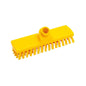 The SCRUBBER, ø 0.50MM HARD 225X60X26MM from Haug Bürsten KG is a yellow rectangular scrubber head with hard bristles and a central handle socket - ideal for cleaning, isolated against a white background.
