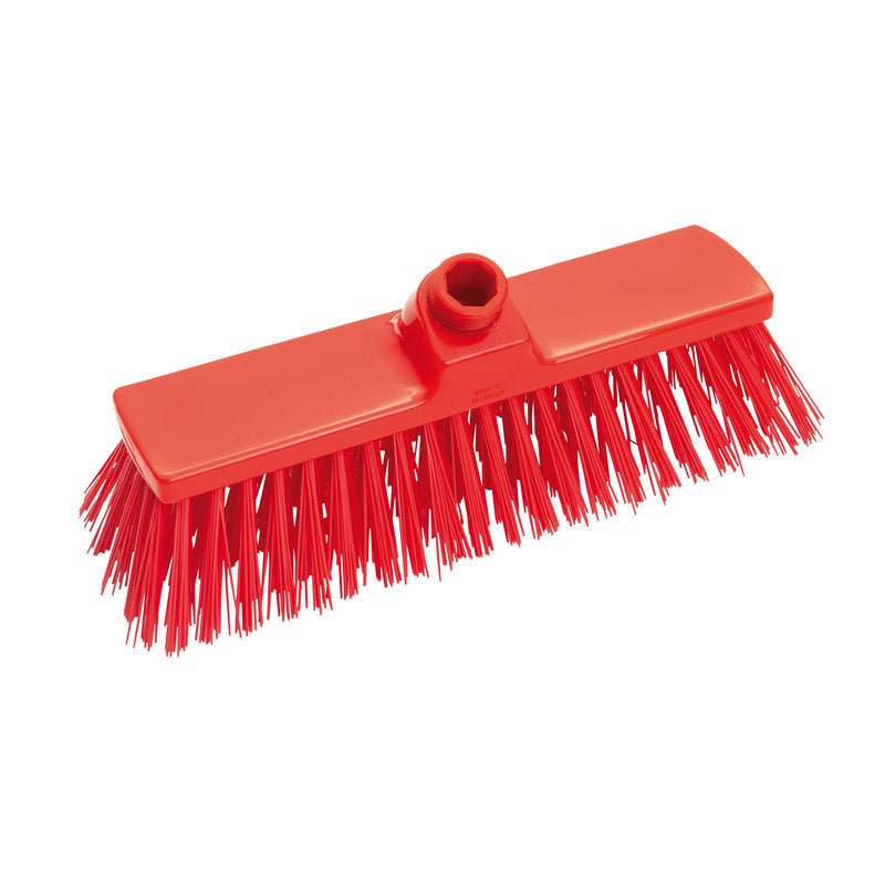 A Haug Bürsten KG BROOM, PBT HARD 300X70X65MM with stiff, angled Ø1.0mm PBT bristles and a central threaded hole for the handle attachment is depicted against a white background.