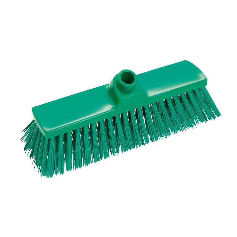 The Haug Bürsten KG BROOM, PBT HARD 300X70X65MM, Ø1.0MM is a green push broom with stiff, straight bristles and a top socket for handle attachment.