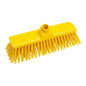 A yellow BROOM, PBT HARD 300X70X65MM, Ø1.0MM from Haug Bürsten KG with stiff yellow bristles and a central fitting for a handle is depicted against a white background.