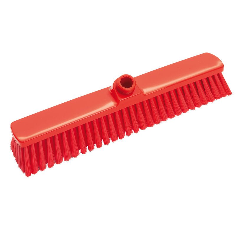 The LARGE AREA BROOM, PBT SOFT 400X60X50MM from Haug Bürsten The KG is shown on a white background and features dense, soft PBT bristles and a medium-sized opening for attaching the handle. Ideal for cleaning large surfaces.