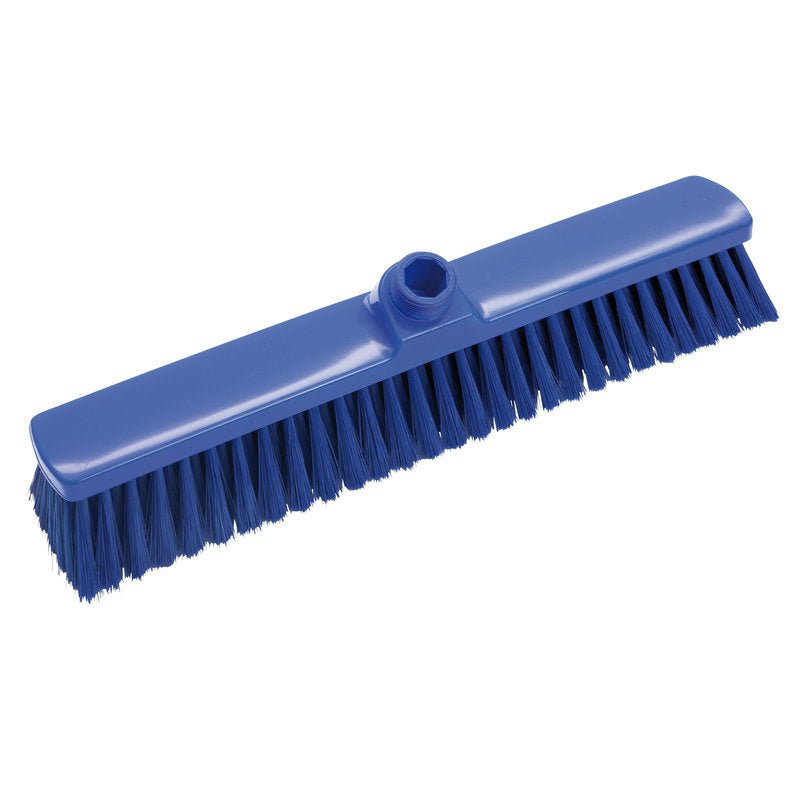 The Haug Bürsten KG LARGE-AREA BROOM, SOFT PBT 400X60X50MM features a blue plastic head with soft bristles and a threaded hole for attaching the handle, making it ideal for efficiently cleaning large floor areas.