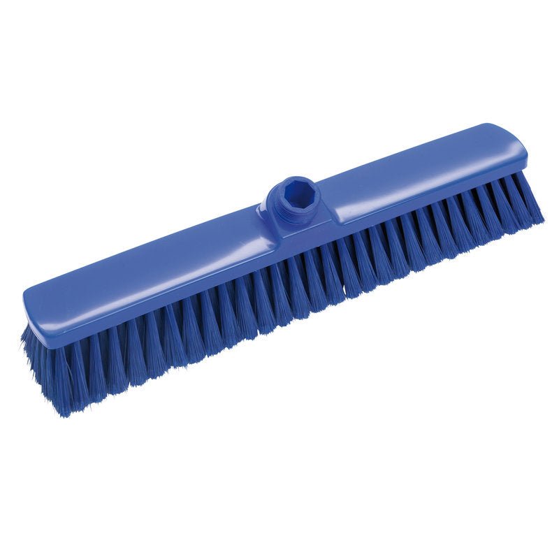 The LARGE AREA BROOM, SOFT 400X60X50MM from Haug Bürsten KG features a rectangular, blue broom head with soft bristles and a threaded handle hole - ideal for cleaning large areas. Pictured against a white background.