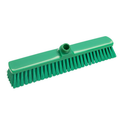 The LARGE AREA BROOM, PBT SOFT 400X60X50MM from Haug Bürsten KG is a green broom head with soft bristles and a central hole for attaching the handle, ideal for cleaning large rooms. Pictured against a white background.
