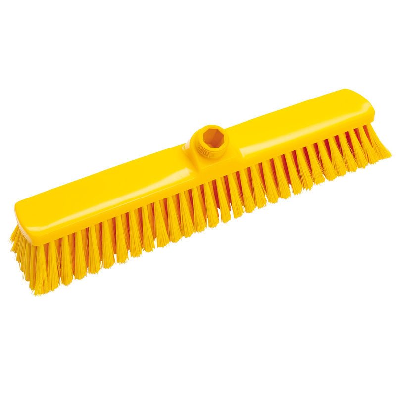 The LARGE AREA BROOM, PBT SOFT 400X60X50MM from Haug Bürsten KG is a rectangular yellow broom head with soft PBT bristles and a threaded hole, ideal for cleaning large surfaces.