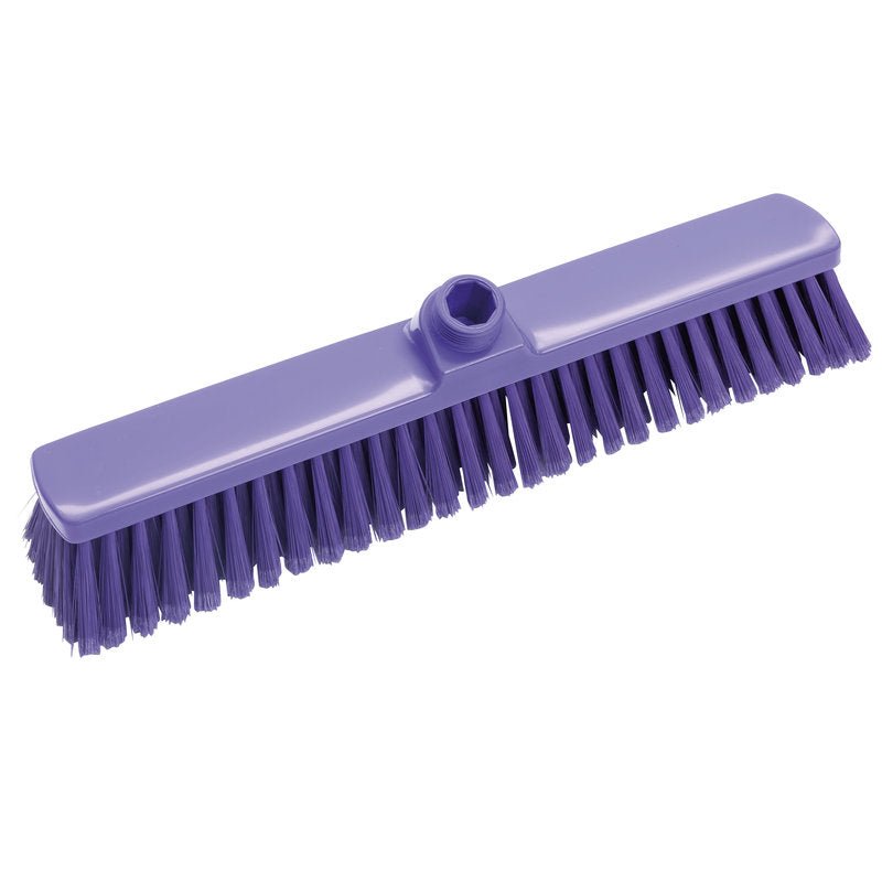 The LARGE AREA BROOM, SOFT 400X60X50MM from Haug Bürsten KG is a purple broom with soft bristles and a central socket for handle attachment, ideal for efficient cleaning of large areas.