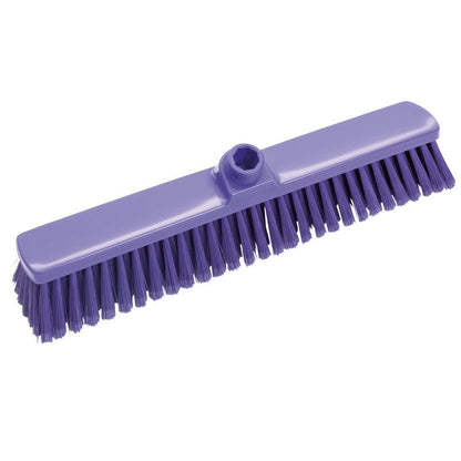 The LARGE AREA BROOM, SOFT 400X60X50MM from Haug Bürsten KG is a purple broom with soft bristles and a central socket for handle attachment, ideal for efficient cleaning of large areas.
