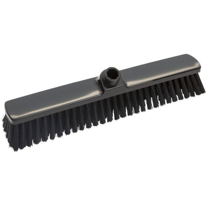 The LARGE AREA BROOM from Haug Bürsten KG features a 400 mm long, rectangular head, soft bristles with a diameter of 0.25 mm, and a central socket for handle attachment - ideal for efficient cleaning of large areas.