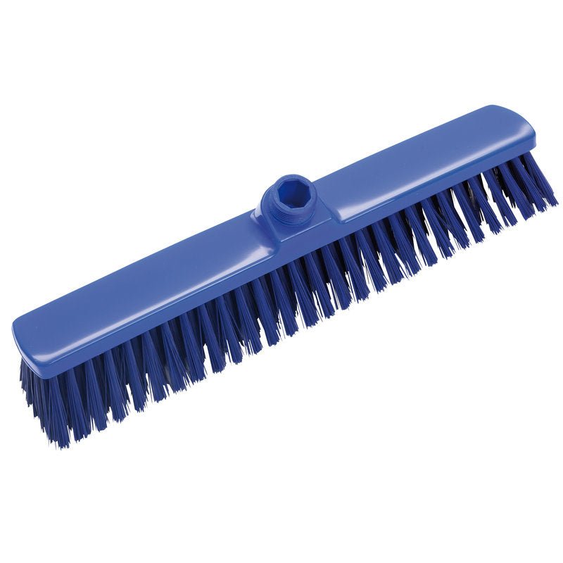 The LARGE AREA BROOM 400x60x50mm from Haug Bürsten KG is a blue broom head with stiff bristles and a central nozzle, ideal for cleaning large areas. The rectangular broom is pictured against a white background.