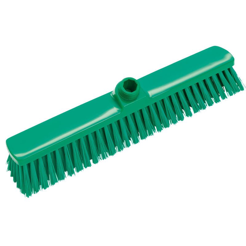 The LARGE AREA BROOM, 400X60X50MM from Haug Bürsten KG is a green broom head with stiff, straight bristles and a central handle opening - ideal for sweeping large areas and suitable for floor cleaning.