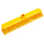 The LARGE AREA BROOM 400x60x50mm from Haug Bürsten KG is a yellow plastic broom with stiff bristles and a central hole for handle attachment, ideal for cleaning large areas. Pictured against a white background.