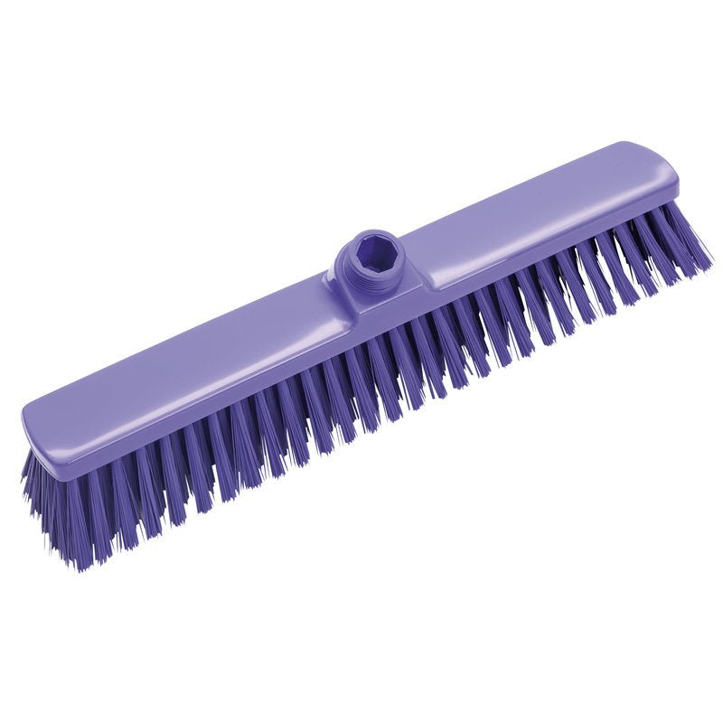 The LARGE AREA BROOM, 400x60x50mm from Haug Bürsten KG, features stiff bristles and a central threaded hole for handle attachment - perfect for cleaning large areas. Pictured in purple against a white background.