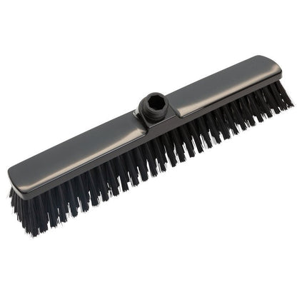 The LARGE AREA BROOM, 400x60x50mm from Haug Bürsten KG is a black broom head with stiff bristles and a central socket for handle attachment, perfect for cleaning large areas; pictured on a white background.