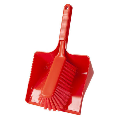 The DUSTPAN SET, PBT UNPOLISHED, 350X222X110MM from Haug Bürsten KG is a red plastic set with a matching brush with dense PBT bristles and handle - ideal for efficient cleaning.