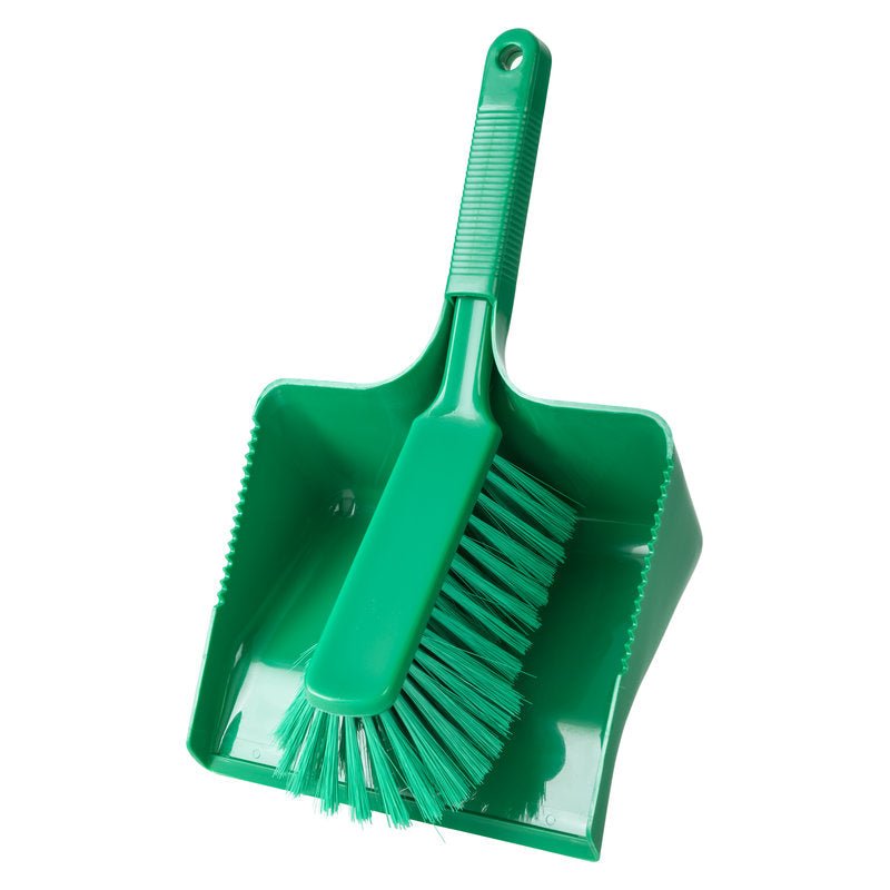 The Haug Bürsten KG DUSTPAN SET (350x222x110mm) consists of a green plastic dustpan and a brush with firm PBT unpolished bristles. The brush has a hanging handle. Both cleaning tools are unused.