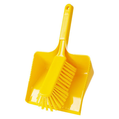 A DUSTPAN SET, PBT UNPOLISHED, 350X222X110MM from Haug Bürsten KG in yellow plastic with a matching brush with firm unpolished PBT bristles and ribbed handle; both items are clean and look new.
