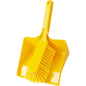 The DUSTPAN SET, SOFT, 350MM from Haug Bürsten KG is a yellow set with a plastic dustpan with a 350mm diameter and a hand brush with soft bristles, both with ribbed handles and a shiny surface, on a white background.