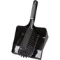 The DUSTPAN SET, SOFT, 350MM from Haug Bürsten KG is a black plastic set with a matching hand brush with soft bristles, a textured handle with a hanging hole, and fits exactly into the dustpan.