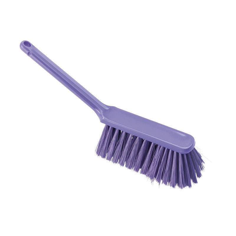 The HANDBESEN, SOFT, 310MM, UNSLOTTED from Haug Bürsten KG is a purple plastic hand brush with soft bristles and a hanging hole, ideal for cleaning and on a white background.