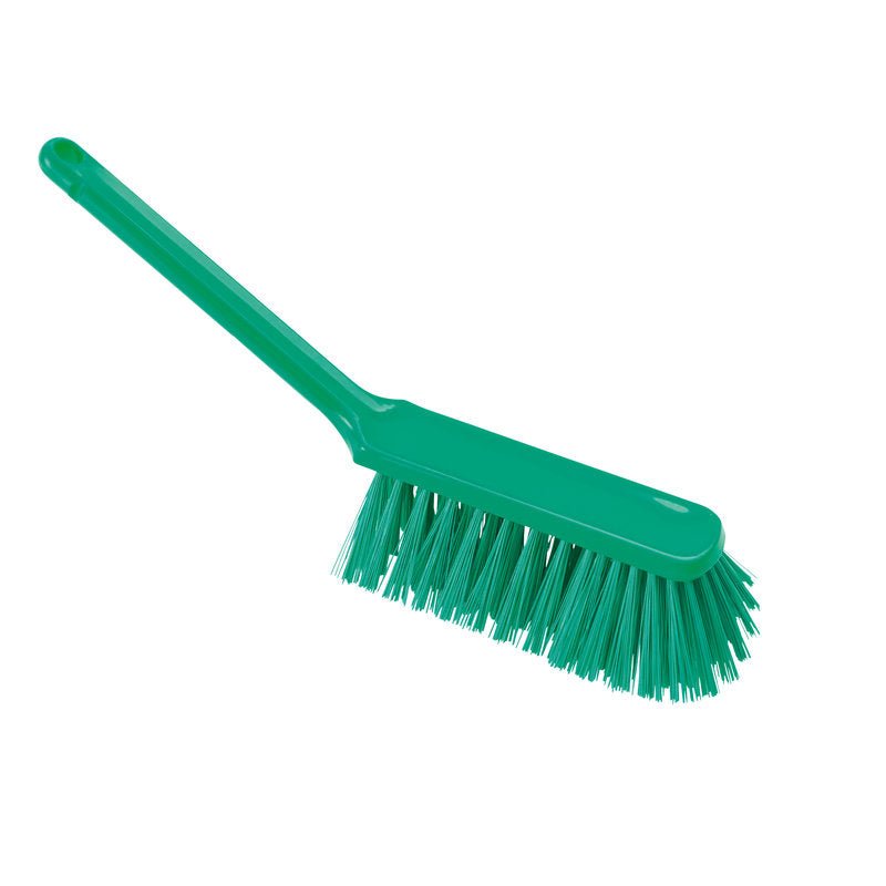 The HAND BRUSH, PBT, ø 0.50MM HARD, 310X40X45MM from Haug Bürsten KG is a green plastic hand brush with durable, stiff PBT bristles and an angled handle, depicted against a white background.