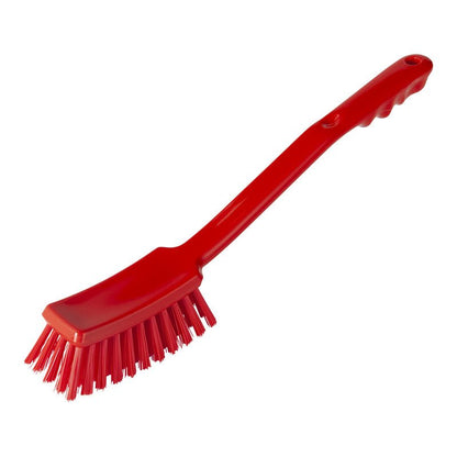 The HANDLE BRUSH from Haug Bürsten KG (ø 0.50mm, hard, 400x48x35mm) features a long ribbed handle, a rectangular head, and stiff bristles - perfect as a cleaning brush for hard surfaces. Angled bristles and curved design increase cleaning efficiency.